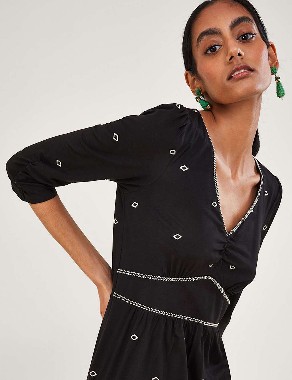 Jersey Geometric Embroidered V-Neck Dress image 2