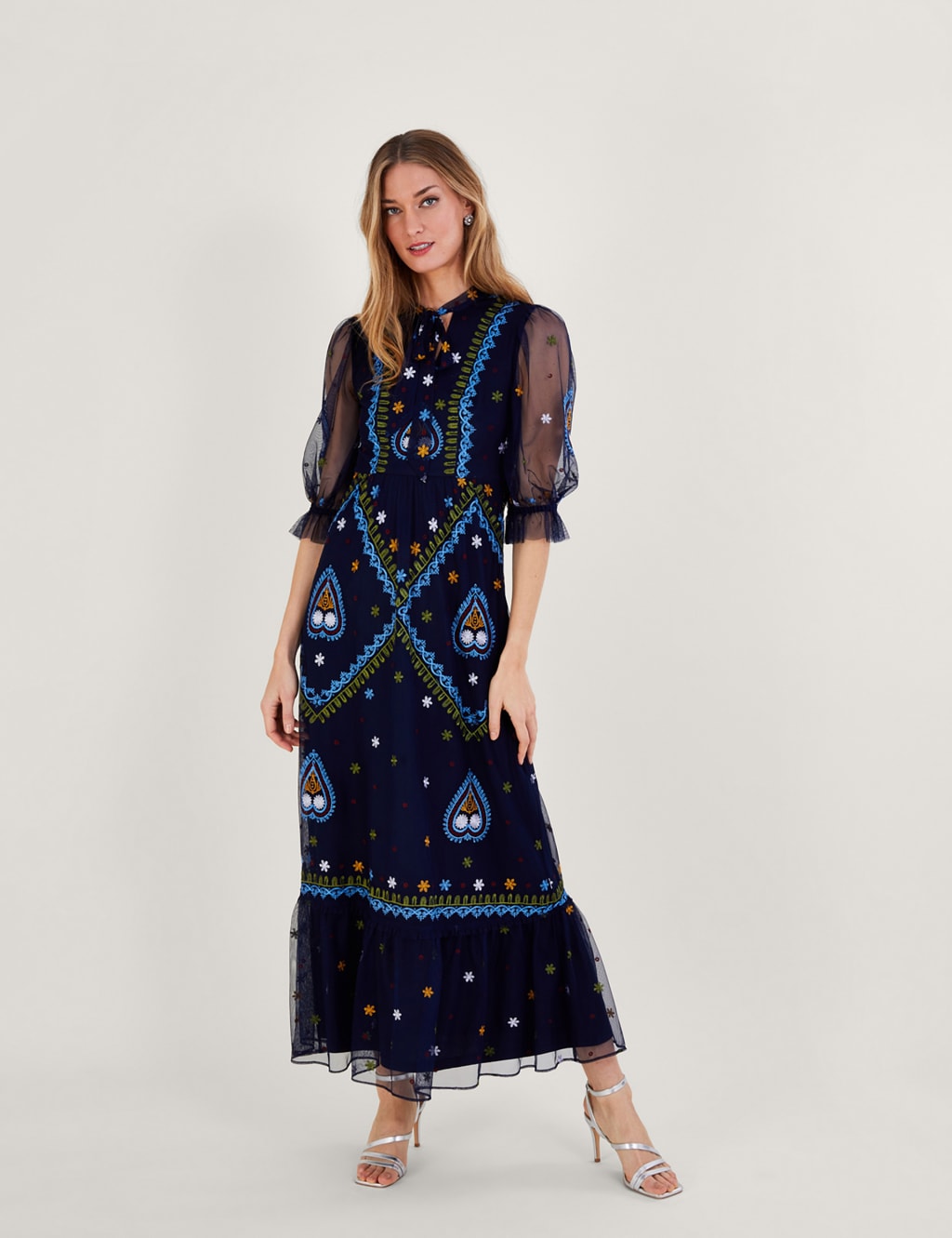 Embroidered Tie Neck Maxi Column Dress image 1