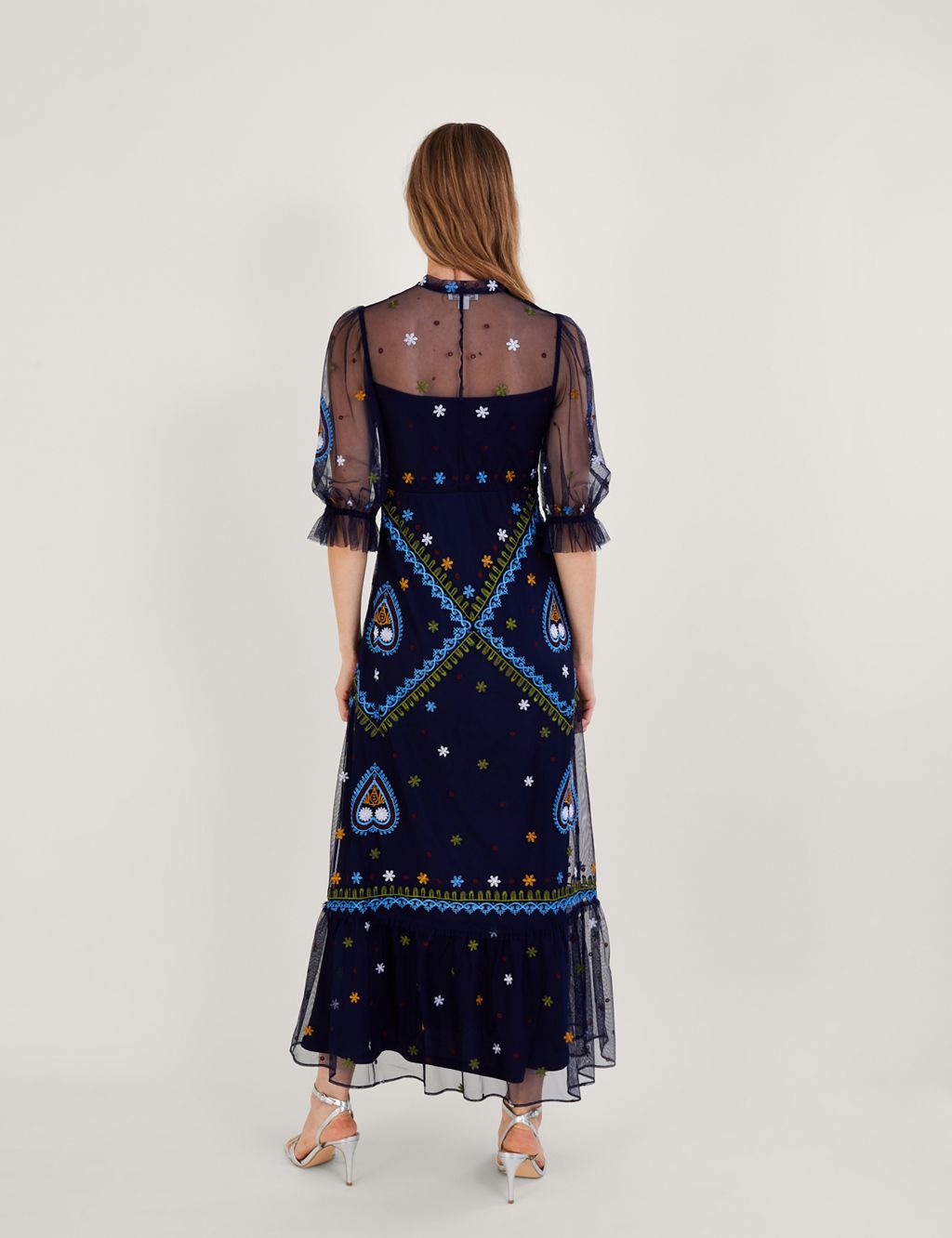 Embroidered Tie Neck Maxi Column Dress image 3