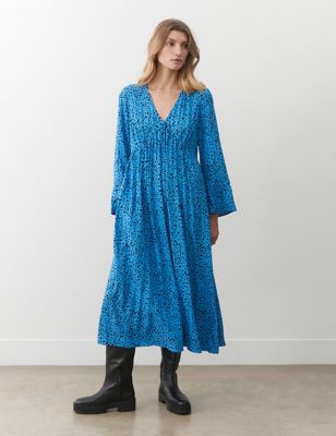 Finery London Women's Animal Print V-Neck Midi Tea Dress - 8 - Blue Mix, Blue Mix,Green Mix