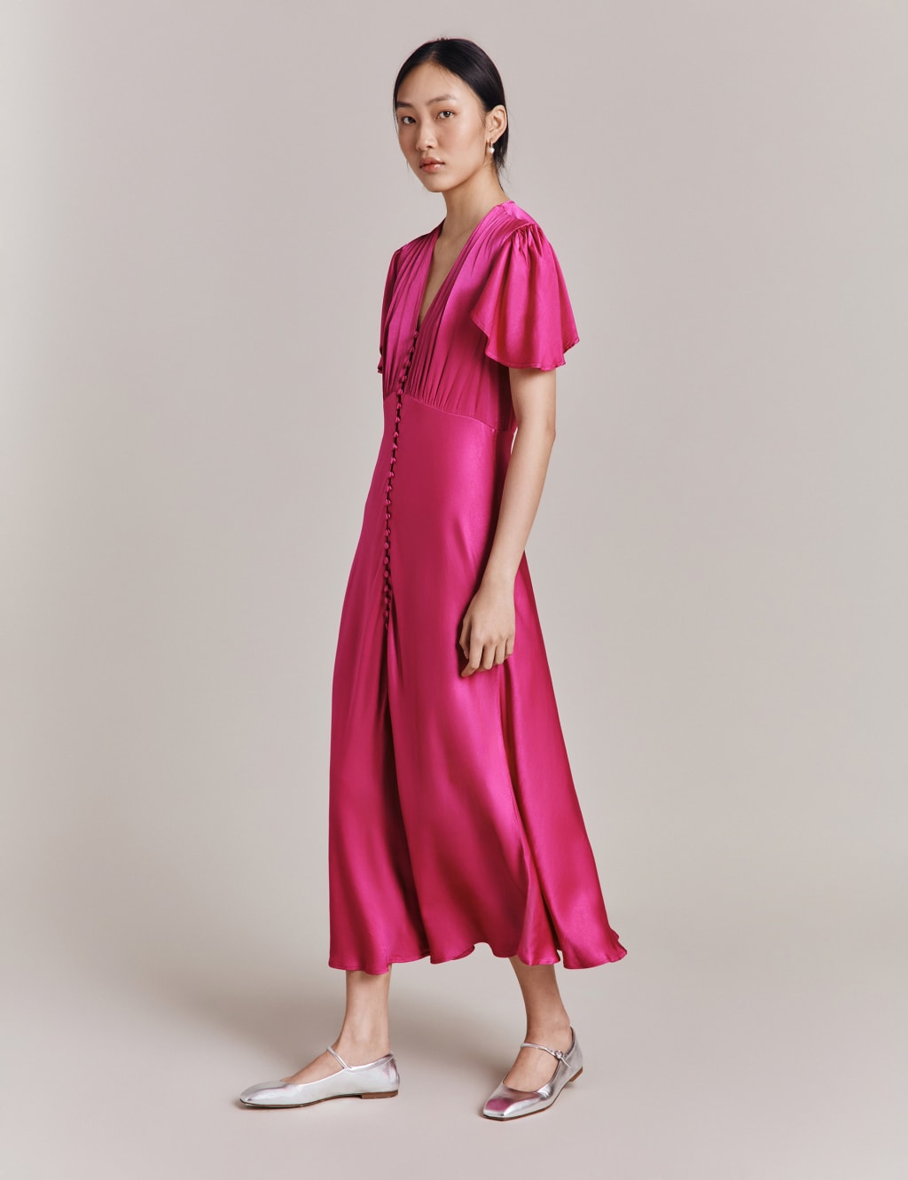 Satin V-Neck Button Front Midaxi Tea Dress