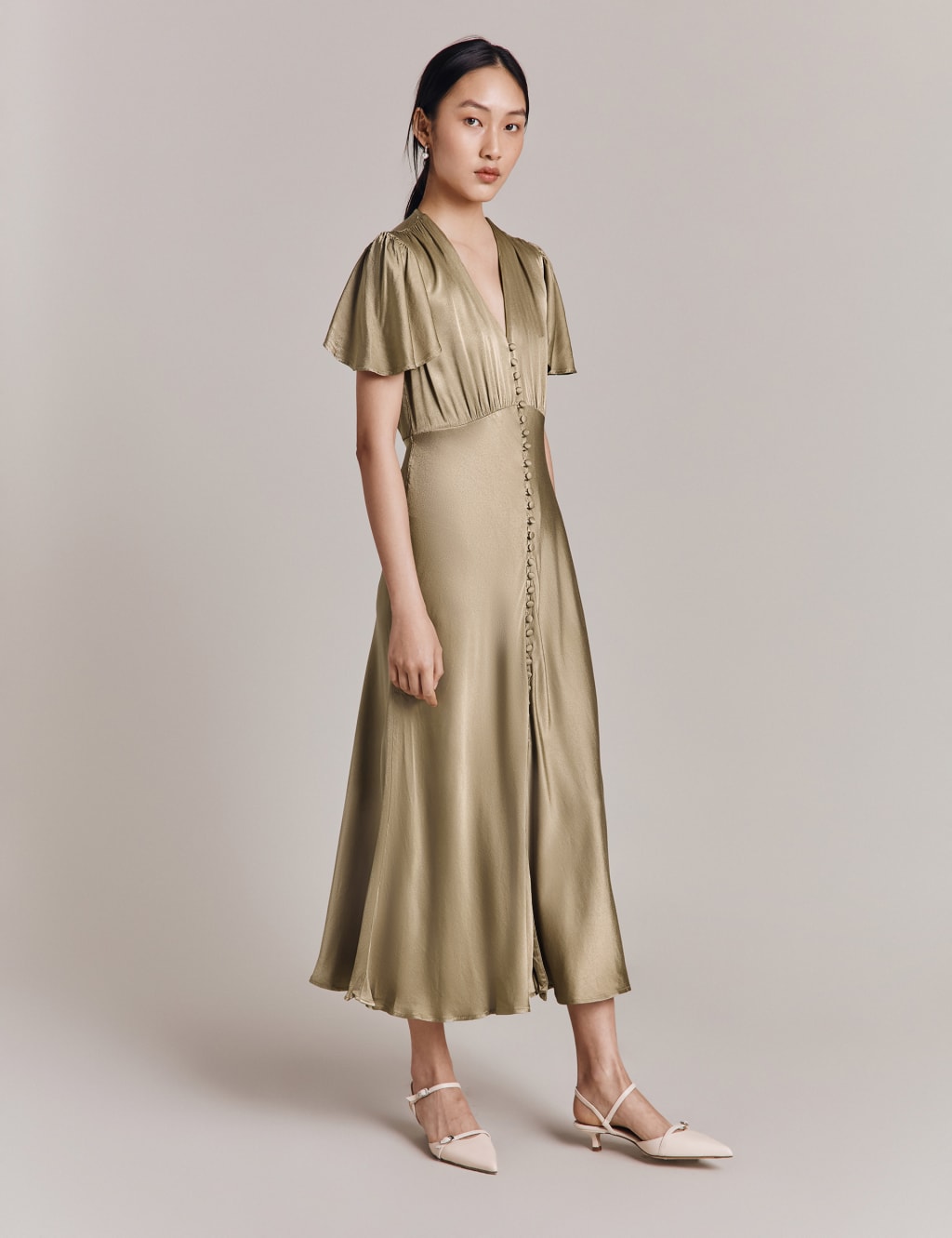 Satin V-Neck Button Front Midaxi Tea Dress