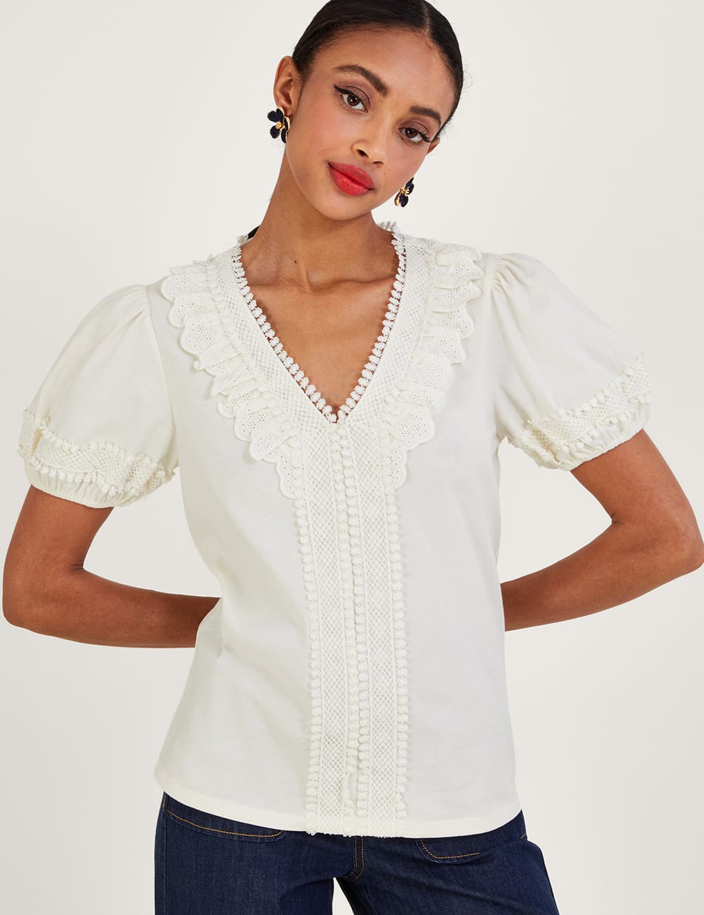 Pure Cotton Lace Detail Top image 3