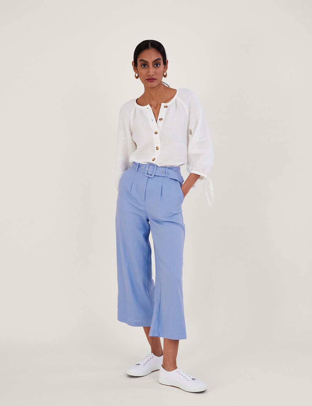 Linen Blend Belted Straight Leg Culottes image 1