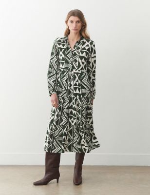 Finery London Women's Geometric Collared Midi Tiered Dress - 8 - Green Mix, Green Mix,Black Mix