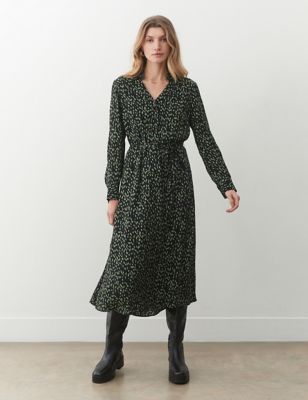 Finery London Womens Printed V-Neck Tie Waist Midi Waisted Dress - 8 - Green Mix, Green Mix