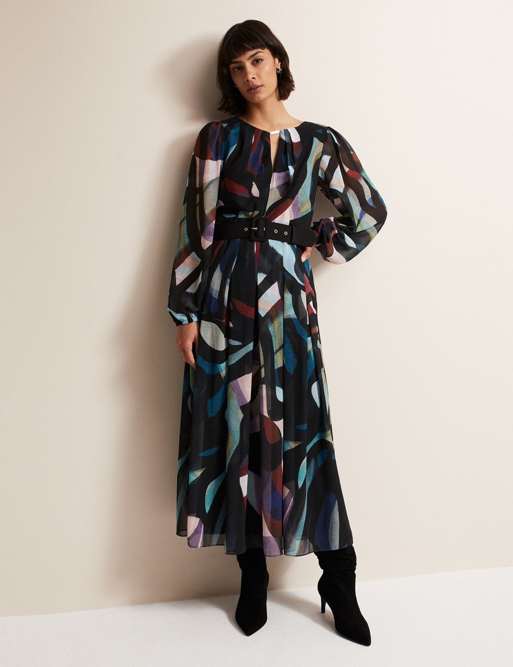 Printed V-Neck Belted Pleated Maxi Dress image 1