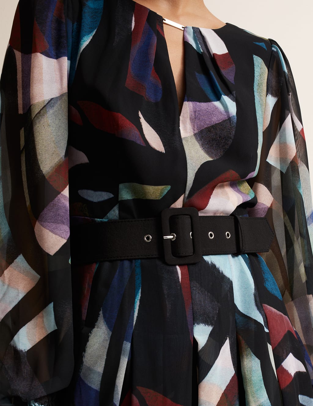 Printed V-Neck Belted Pleated Maxi Dress image 5