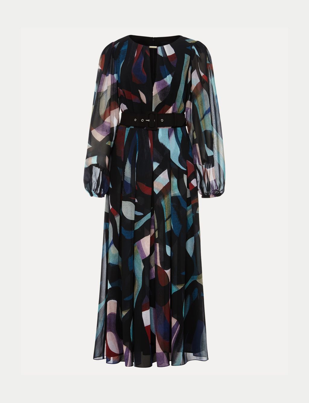 Printed V-Neck Belted Pleated Maxi Dress image 2
