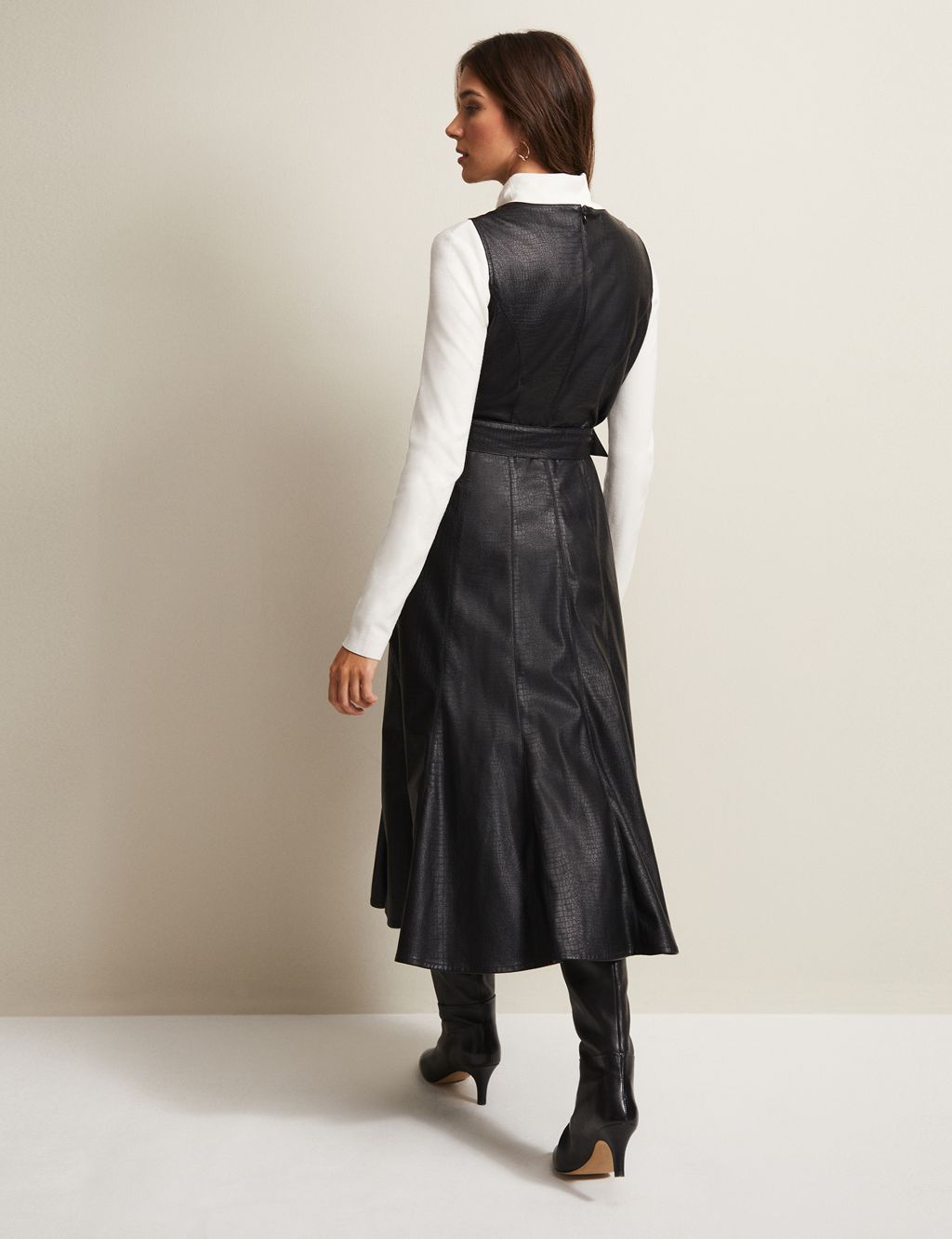 Faux Leather V-Neck Belted Midi Tea Dress image 3