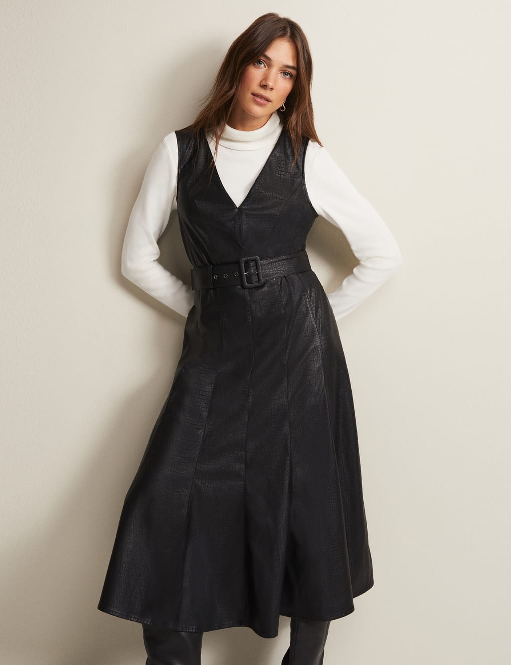 Faux Leather V-Neck Belted Midi Tea Dress image 4