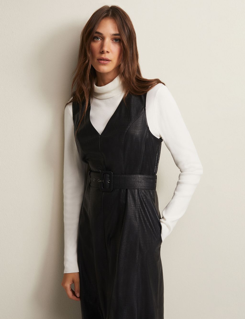 Faux Leather V-Neck Belted Midi Tea Dress image 5