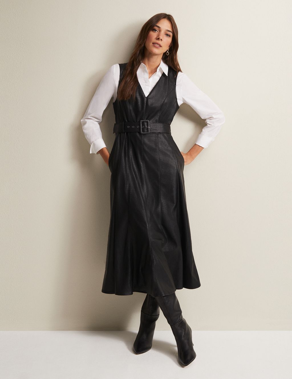 Faux Leather V-Neck Belted Midi Tea Dress image 6
