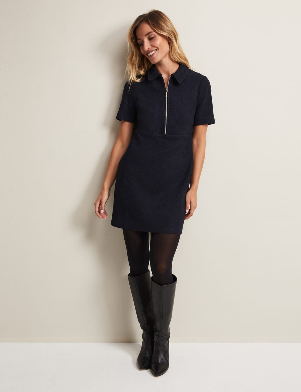 Tweed Textured Zip Neck Mini Tea Dress image 4