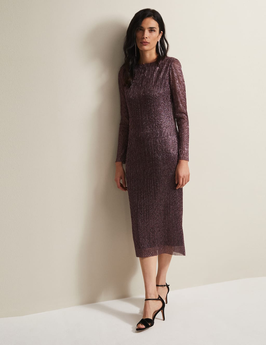 Metallic Plissé Round Neck Midi Column Dress image 1