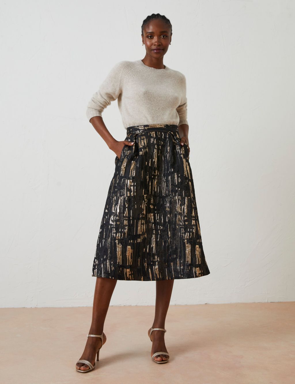 Metallic Jacquard Midi A-Line Skirt