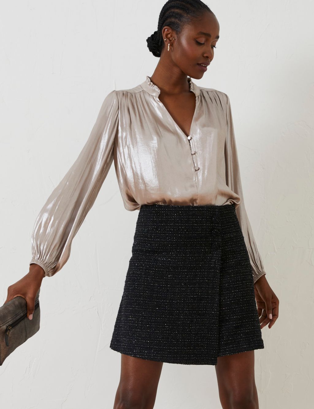 Metallic Mini Wrap Skirt with Wool