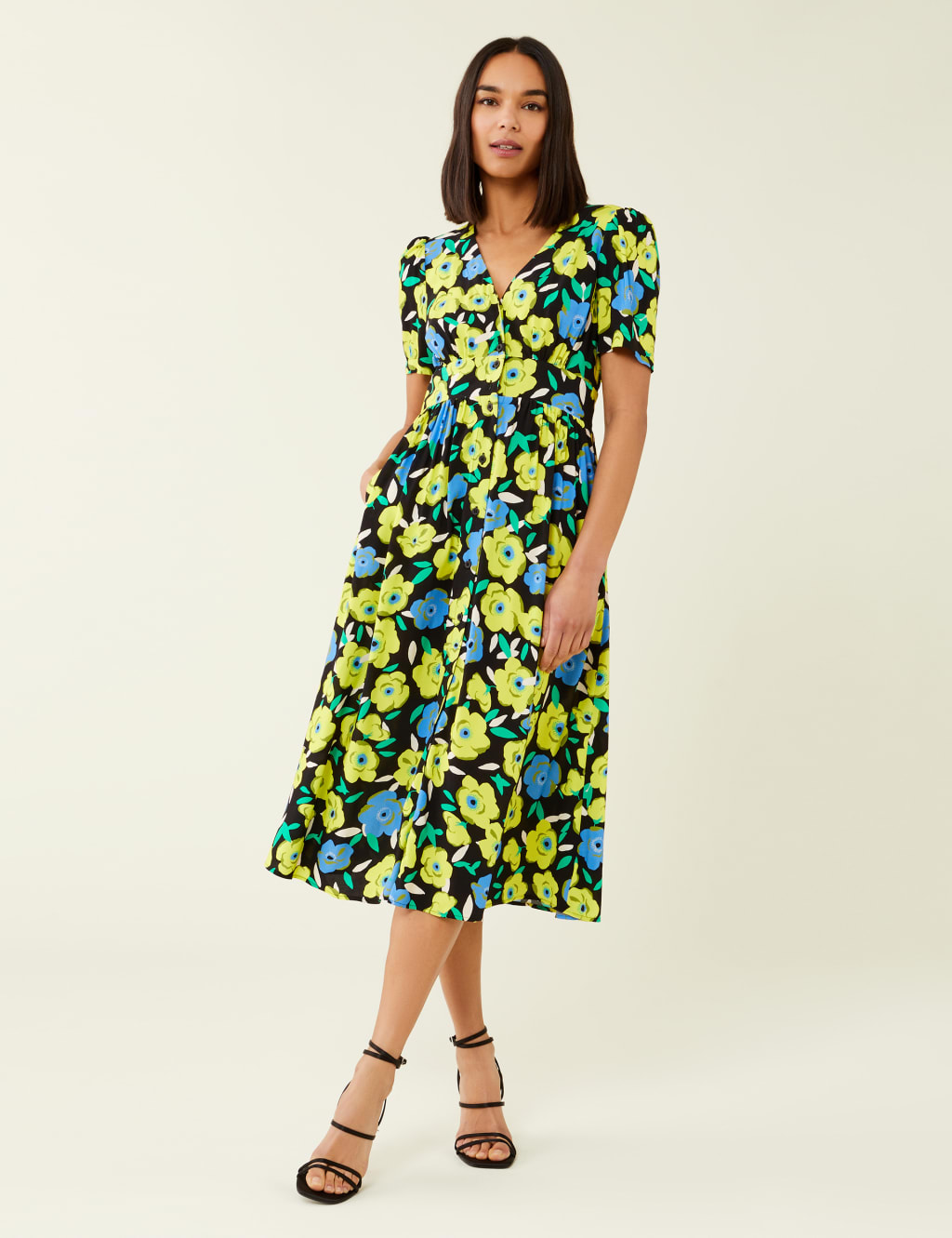 Floral V-Neck Button Front Midi Tea Dress image 1