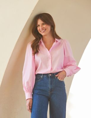 Sosandar Women's Pure Cotton Relaxed Blouson Sleeve Shirt - 6 - Pink, Pink
