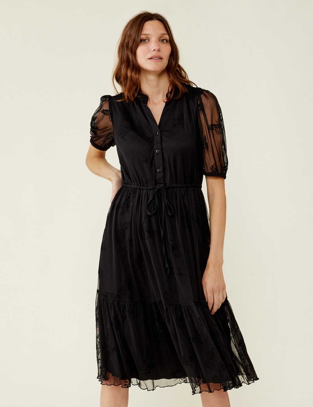 Embroidered V-Neck Tie Waist Midi Tea Dress image 1