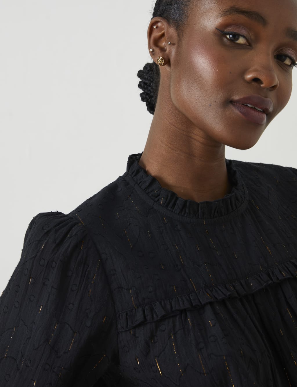 Cotton Rich High Neck Frill Detail Blouse image 5