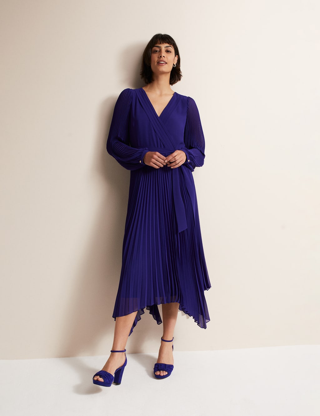 V-Neck Pleated Tie Waist Midi Wrap Dress image 1