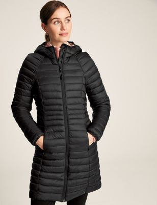 Joules Womens Packaway Hooded Longline Puffer Jacket - 6 - Black, Black