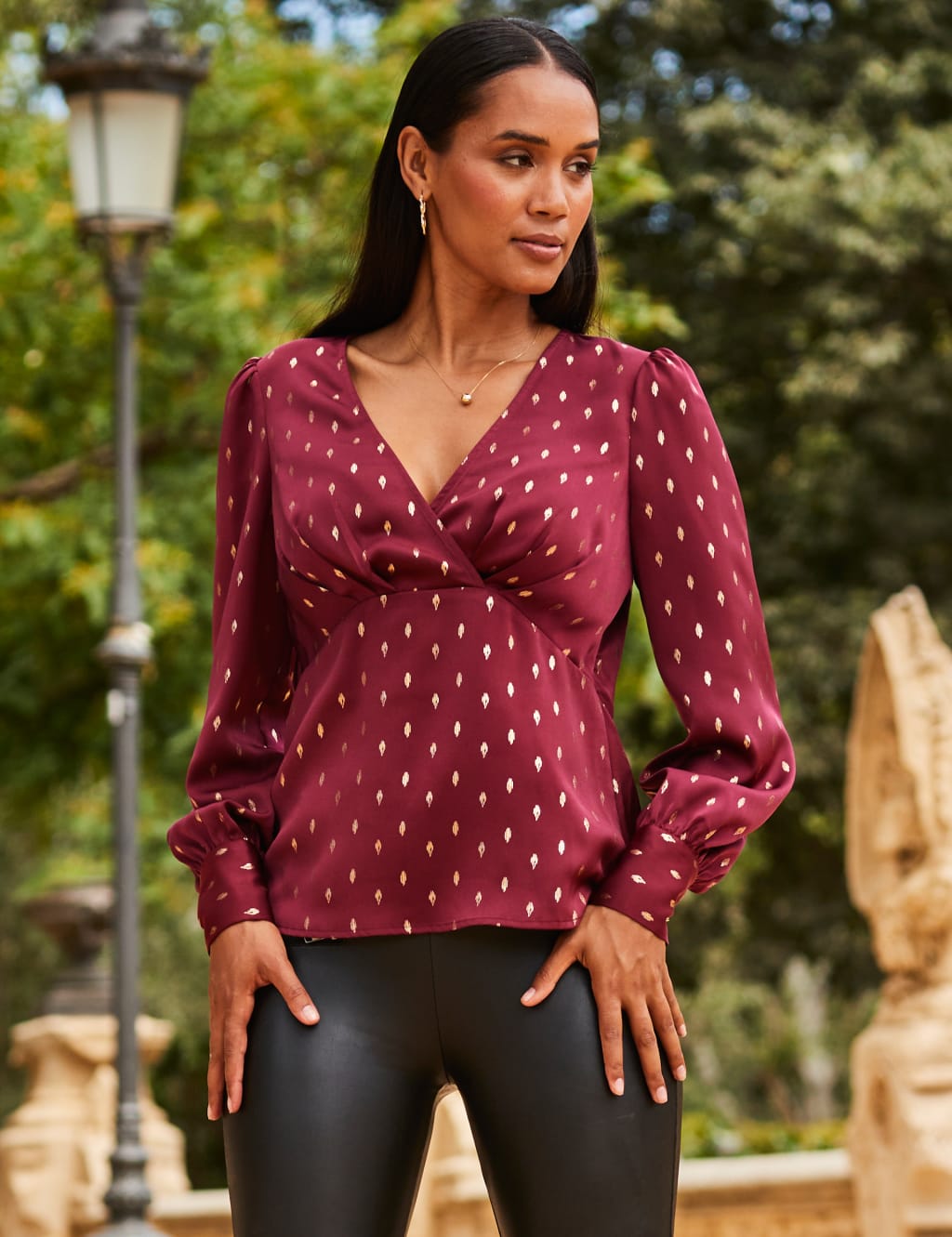 Satin Foil Print V-Neck Blouse