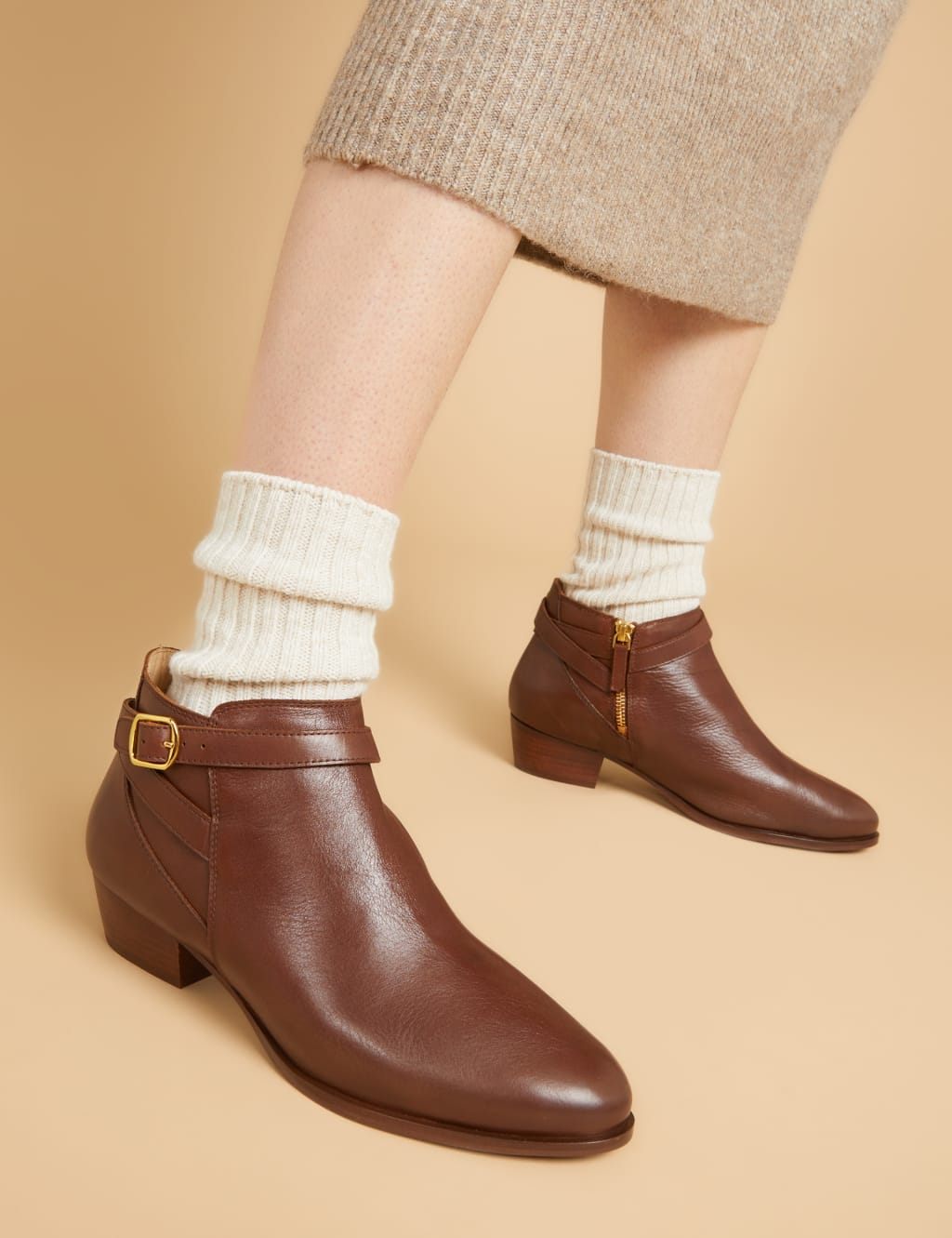 Leather Block Heel Ankle Boots