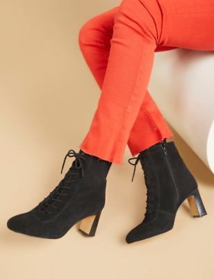Jones Bootmaker Womens Suede Lace Up Block Heel Ankle Boots - 3 - Black, Black,Cognac