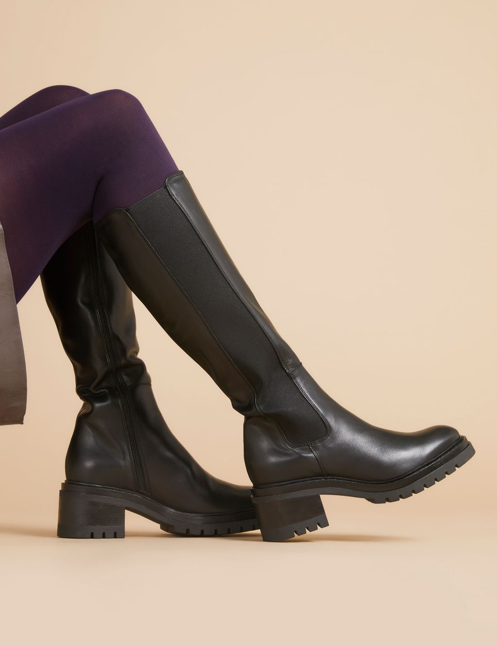 Leather Block Heel Knee High Boots