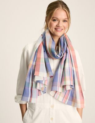Joules Womens Pure Cotton Checked Scarf - Blue Mix, Blue Mix