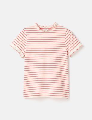 Joules Women's Pure Cotton Striped Frill Detail T-Shirt - 6 - Pink Mix, Pink Mix,Blue Mix