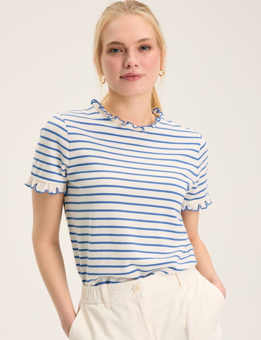 Pure Cotton Striped Frill Detail T-Shirt