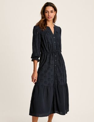 Joules Women's Pure Cotton Broderie Notch Neck Midi Dress - 8 - Navy, Navy