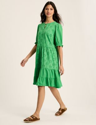 Joules Womens Pure Cotton Broderie Knee Length Tiered Dress - 8 - Green, Green,Ivory