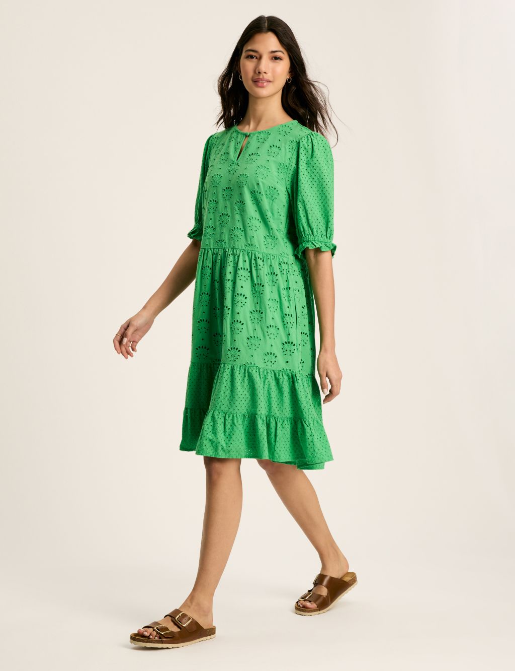 Pure Cotton Broderie Knee Length Tiered Dress