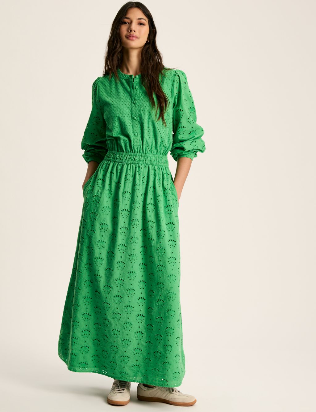 Pure Cotton Broderie Maxi Waisted Dress