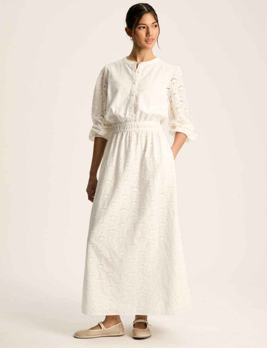 Pure Cotton Broderie Maxi Waisted Dress