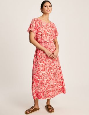 Joules Women's Printed Round Neck Midi Waisted Dress - L - Red Mix, Red Mix