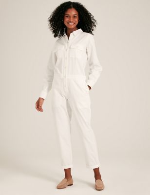 Joules Womens Cotton Rich Button Front Cropped Jumpsuit - 10 - Cream, Cream