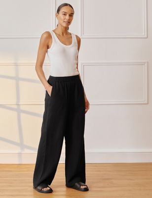 Albaray Women's Pure Cotton Textured Wide Leg Trousers - 10 - Black, Black