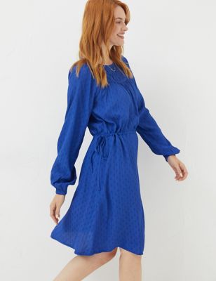 Fatface Womens Textured Knee Length Waisted Dress - 16LNG - Blue, Blue