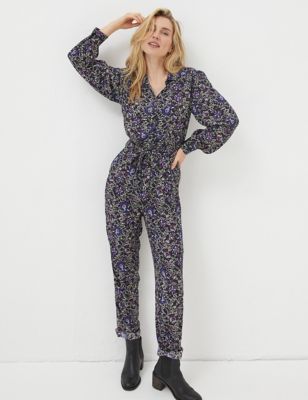 Fatface Womens Floral Belted Long Sleeve Waisted Jumpsuit - 22LNG - Black Mix, Black Mix