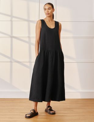 Albaray Womens Pure Linen Scoop Neck Midaxi Smock Dress - 8 - Black, Black