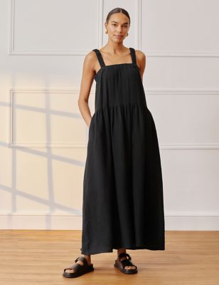 Albaray Women's Pure Cotton Square Neck Maxi Smock Dress - 10 - Black, Black