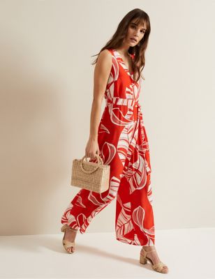 Phase Eight Womens Leaf Print Wide Leg Jumpsuit - 8 - Red Mix, Red Mix