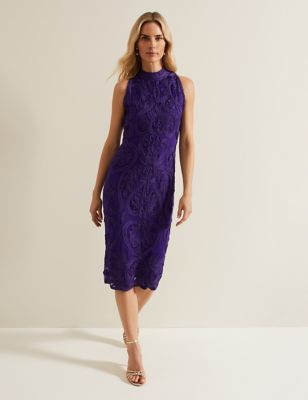 Phase Eight Women's Embroidered Midi Column Dress - 8 - Purple, Purple