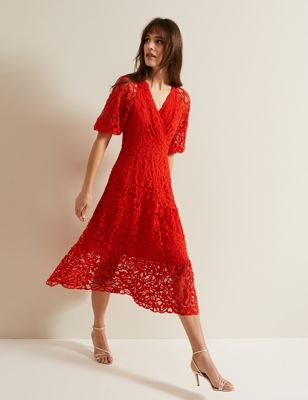 Phase Eight Womens Lace V-Neck Midi Wrap Dress - 8 - Red, Red