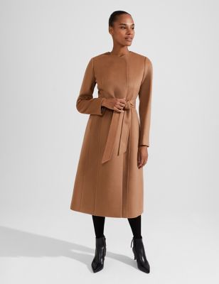 Hobbs Womens Pure Wool Belted Collarless Tailored Coat - 10 - Brown, Brown